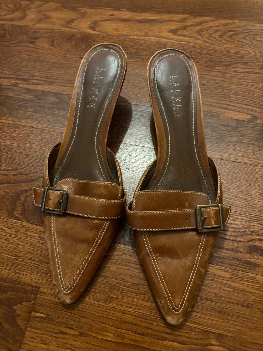Lauren Ralph Lauren Tan Leather Pointed Buckle Mules